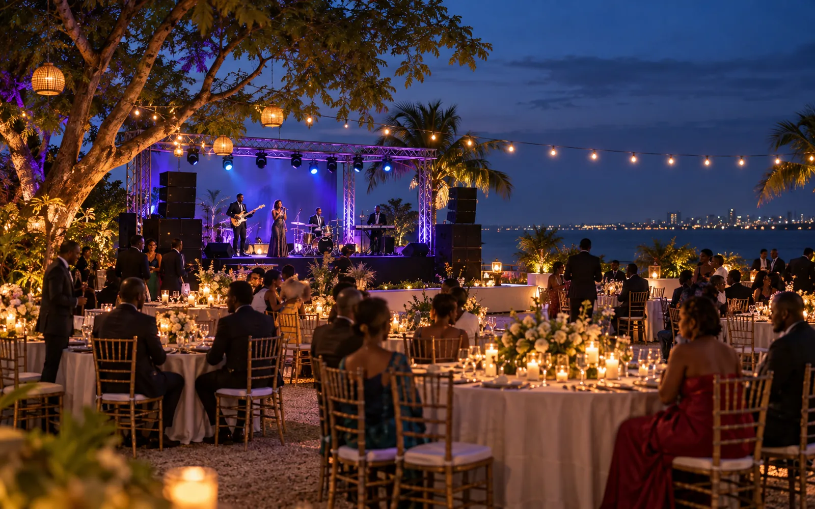 Evento ao ar livre com palco, sonorização e iluminação