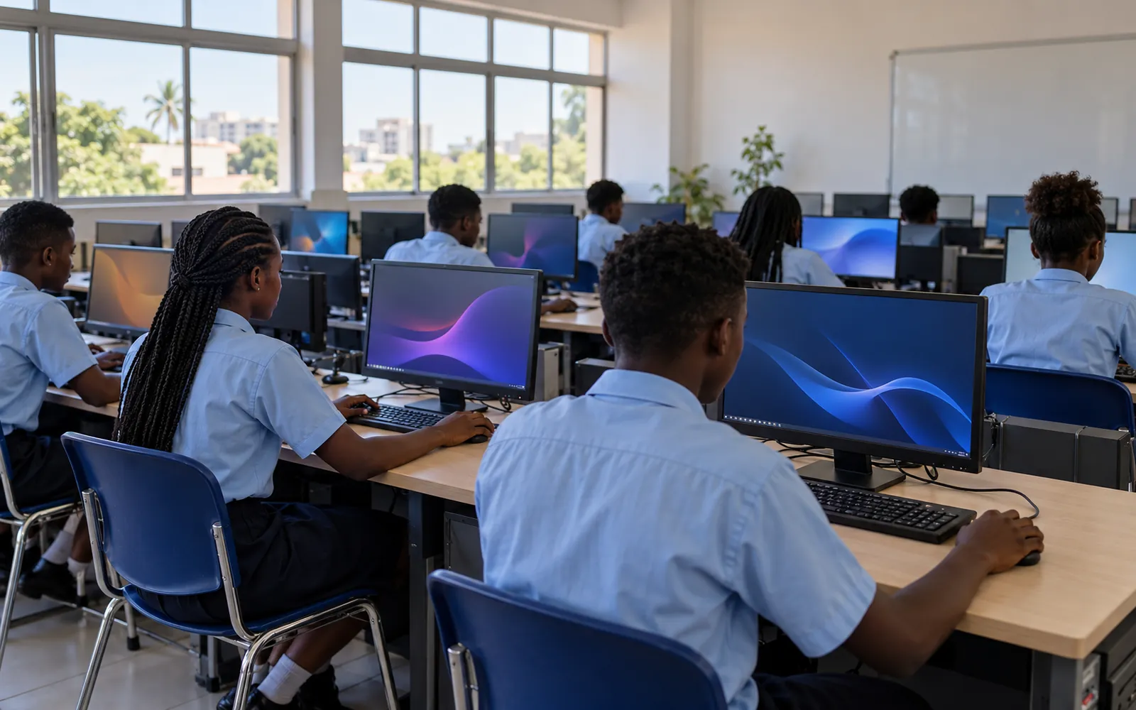 Alunos numa sala de informática escolar